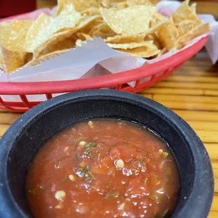 Spicy salsa.. the spice will sneak up on you. The chips were hot and crunch!