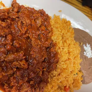 #13 pork in red chili, rice and beans