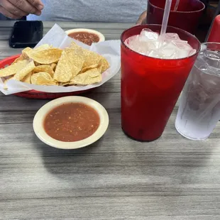 Horchata, an agua and water. Chips and salsa
