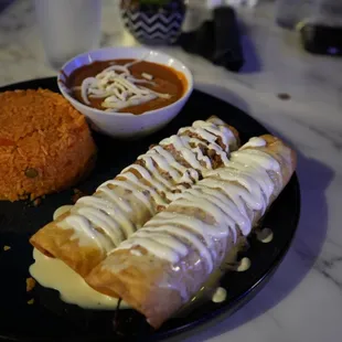 Chimichanga with rice and refried beans