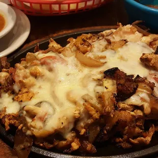 Hawaiian Shrimp and Chicken Fajitas, homemade hot sauce.