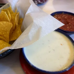 Chips, salsa, and queso.