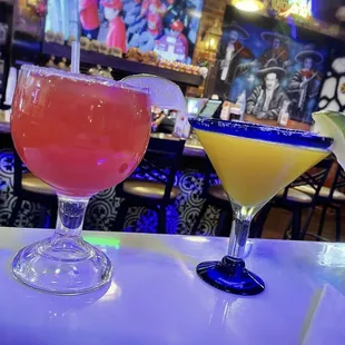 HAPPY HOUR is the BEST HOUR for margaritas: strawberry on the rocks &amp; frozen mango