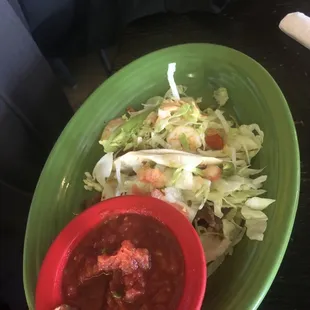 Two tacos (one steak and one shrimp) , $2 each on taco Tuesday