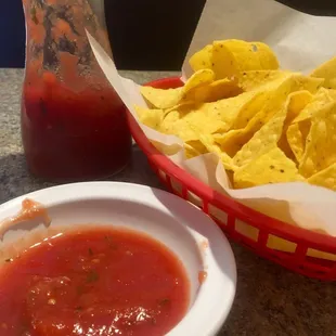 a basket of chips and a bowl of salsa