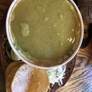 Pozole Verde...very watery. Did not live up to its $11.99 price.