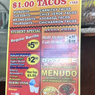 Menu specials as of July 2019