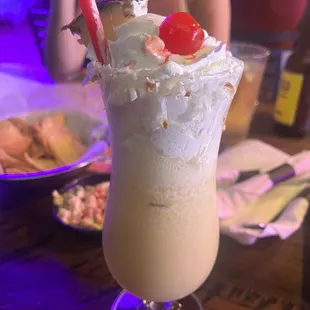 a drink with whipped cream and a cherry