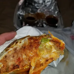 This one's mine, al pastor and beans and onions and cabbage and rice with red salsa. Soooooo good! Notice the size. Huge