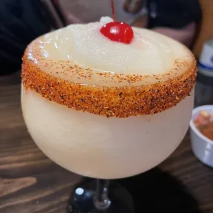 Virgin peach margarita with Tajin rim