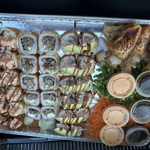 Tray of Guamuchilito Roll, Hot and Hot Roll, and Res Blue Roll