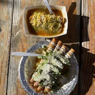 two plates of food on a wooden table