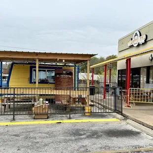the entrance to a restaurant