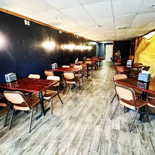 tables and chairs in a restaurant