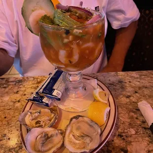 Shrimp, cocktail, and oysters