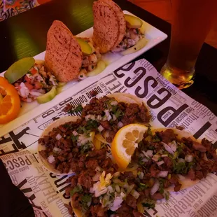 street tacos and ceviche trio combo with lagunitas