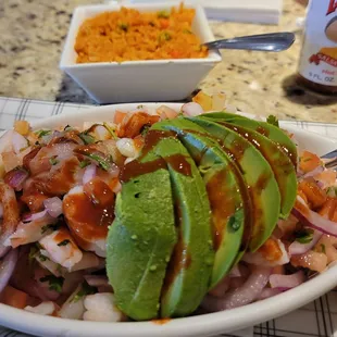 Shrimp ceviche and rice. Both savory!
