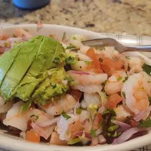 Cooked shrimp tostada.