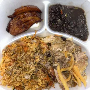 Roasted Pork (Pernil) with black beans and plantain