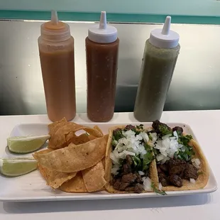 2 tacos, carne asada and Al pastor, $10