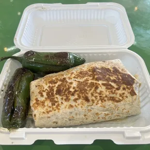 Chorizo/egg burrito w/two chiles torreados.