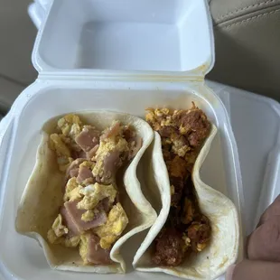 Ham and chorizo breakfast tacos