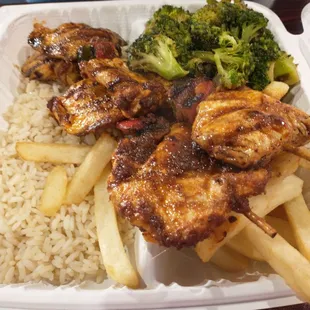 Chicken kabob with 2 sides (fries and broccoli)