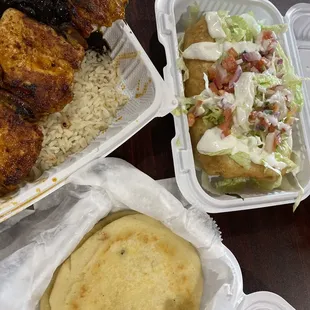 Cheese and Beans Pupusa; Chicken Kobab; veggie chimichanga