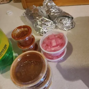 Salsa, tortillas, pickled onion