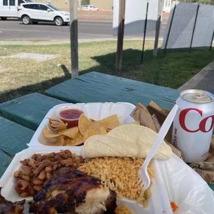 3 piece chicken meal. Includes rice, beans, salsa, chips, corn tortillas and a drink.