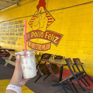 Ice cold Horchata and outdoor dinning area