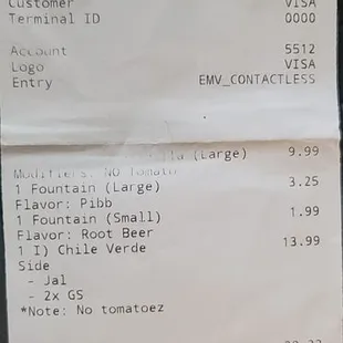 a receipt for a customer