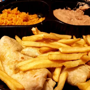 Kids meal (2 burritos, fries, rice and beans)