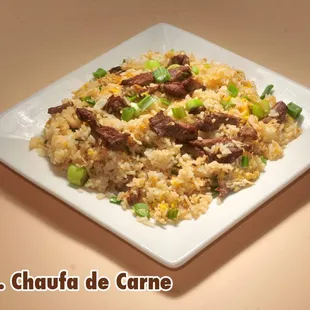 a plate of rice and meat