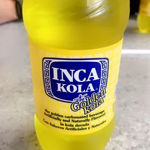 Inca Kola, Peruvian soda. It reminds me of a creamsicle type soda. So good!
