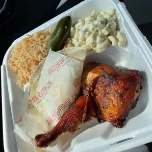 a meal in a styrofoam container