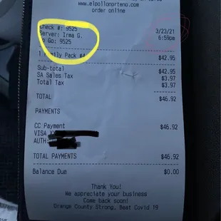 a receipt for a car
