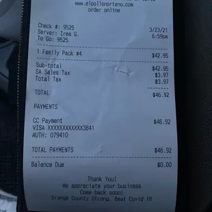 a receipt for a car