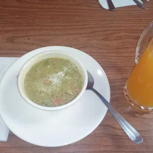 Aguadita Pollo. Chicken soup green with rice. Maracuya. Passionfruit Juice. El Pollo Peruano, Carson