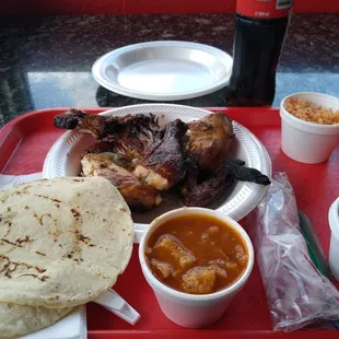 1/2 chicken, beans, rice, tortillas