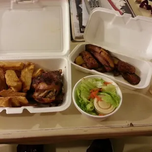 Quarter chicken dark combo with yuca and an order of fried plantains.