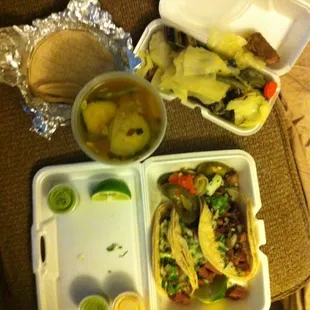 Sopa de res; tongue tacos meal.