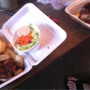 1/4 chicken, dark w/yucca; 1/2 chicken w/fried plantains.