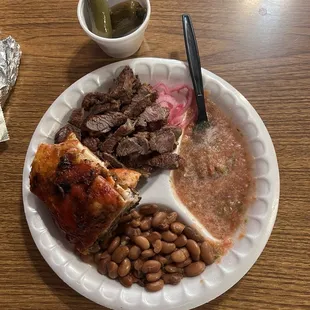 The combo. Chicken Beef Beans Tortillas and Salsa. Jalapeños for the brave
