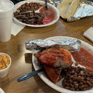 Large Horchata (top left), Beef Plate w/ 3 Flour Tortillas (top), Small Rice (bottom left), 1/4 Chicken  + 1/4 Beef Combo (bottom right)