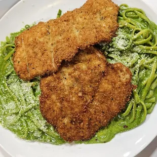 Tallarin verde with chicken (like a schnitzel or katsu but it&apos;s thin so more like schnitzel).Pesto pasta!!! It&apos;s sooooo good! Yum
