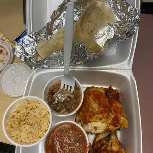 Combo #1: chicken, rice, beans, salsa and tortillas