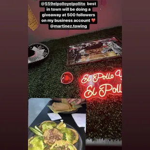 a picture of a plate of food and a neon sign