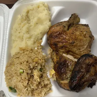 Half chicken, mashed potatoes, fried rice