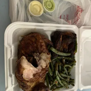 1/2 chicken (white meat) green beans and plantains